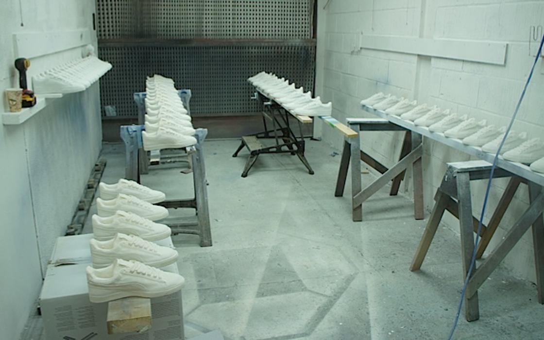 Puma wall of trainers retail display prop - Caste shoes in workshop